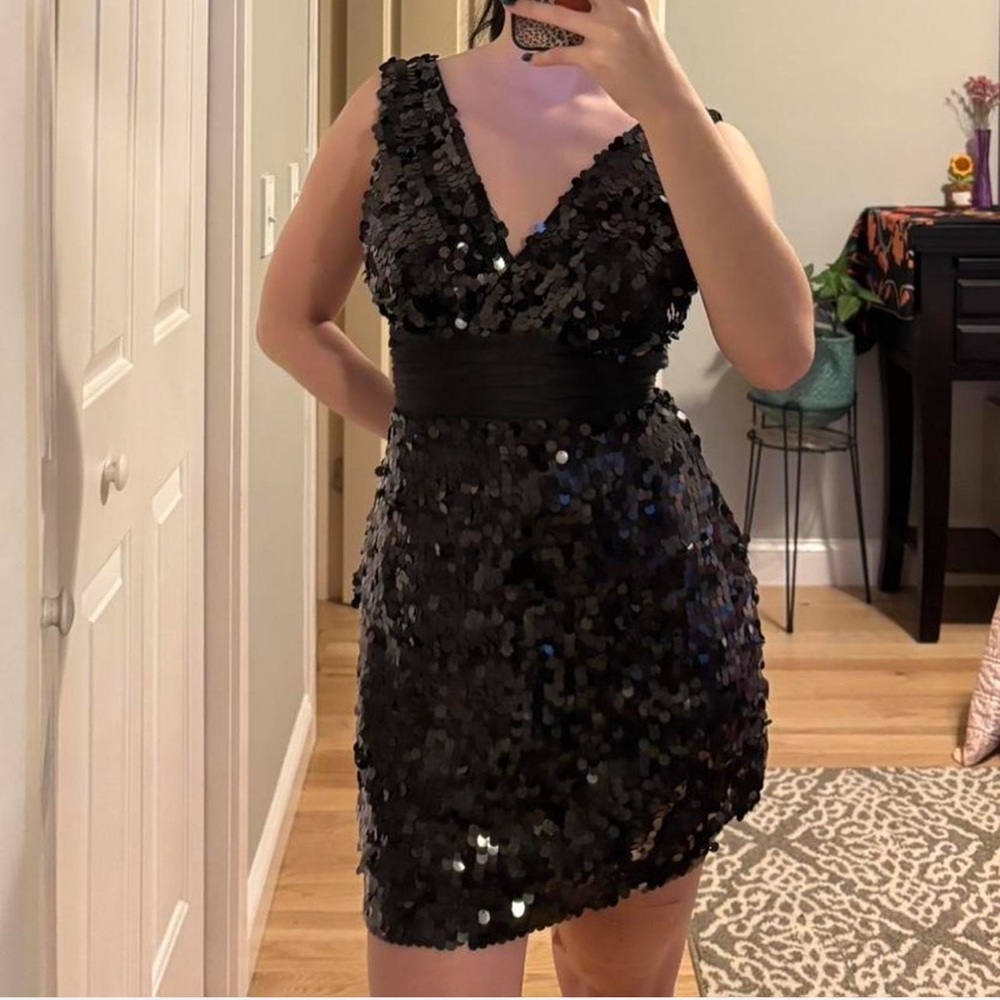 Vintage Black Sequined V-Neck Women's Dress - Picture 2 of 4